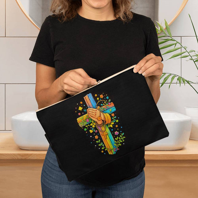 Praying Hands & Rosary Rainbow Cross Large Zippered Pouch – Christian Gift for Kids