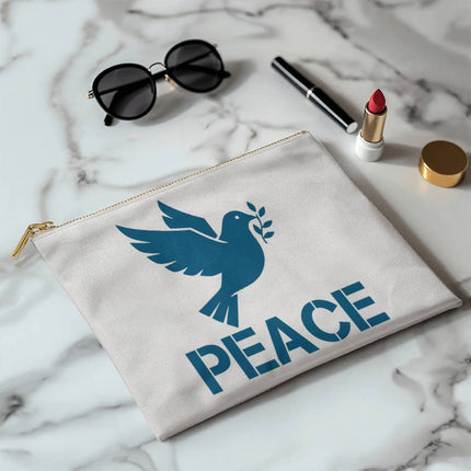 Peace Large Fabric Zippered Pouch | Teal Dove & Olive Branch | 12.5x8.5