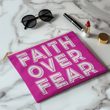 Faith Over Fear Large Fabric Zippered Pouch | White Text on Magenta | 12.5x8.5