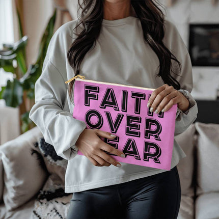 Faith Over Fear Large Fabric Zippered Pouch | Pink | 12.5x8.5