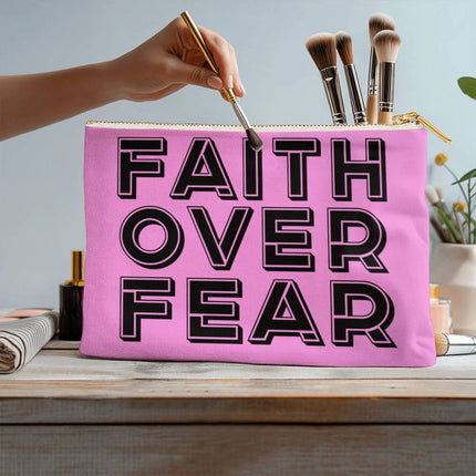 Faith Over Fear Large Fabric Zippered Pouch | Pink | 12.5x8.5
