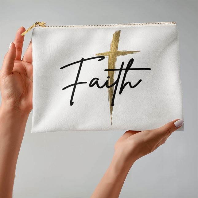 Faith Cross Gold Zipper Pouch | Large Christian Makeup Bag