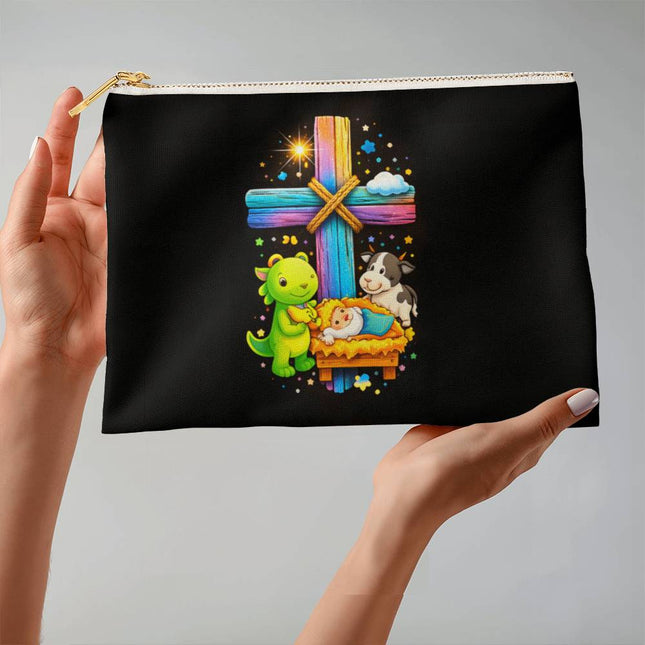 Baby Jesus Nativity & Dino Rainbow Cross Large Zippered Pouch – Christian Gift for Kids