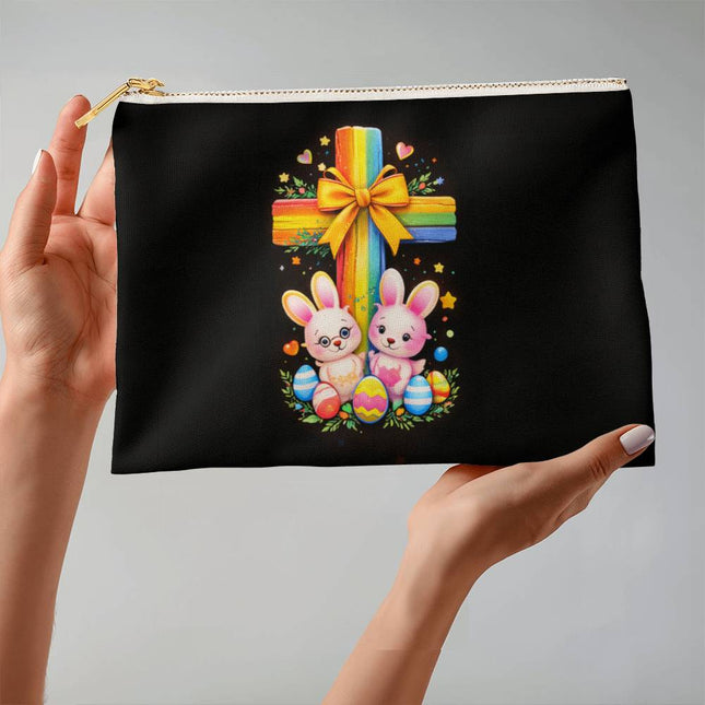 Easter Bunnies & Eggs Rainbow Cross Large Zippered Pouch – Christian Gift for Kids