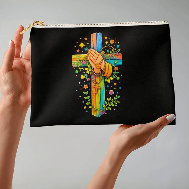 Praying Hands & Rosary Rainbow Cross Large Zippered Pouch – Christian Gift for Kids