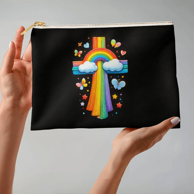 Rainbow & Clouds Cross Large Zippered Pouch – Christian Gift for Kids