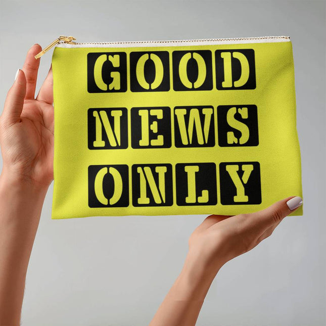 Good news only large fabric zippered pouch with black stencil block text on bright yellow green background – Christian accessory bag