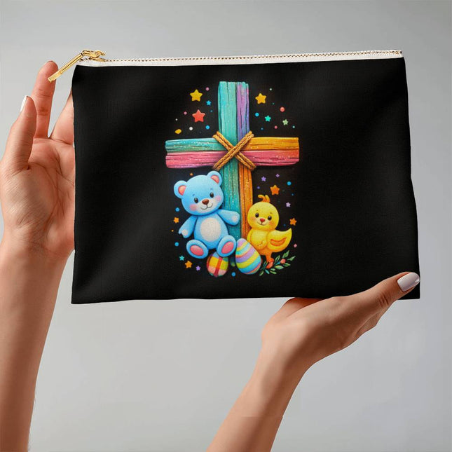 Rainbow Cross Teddy Bear & Chick Large Zippered Pouch – Christian Gift for Kids
