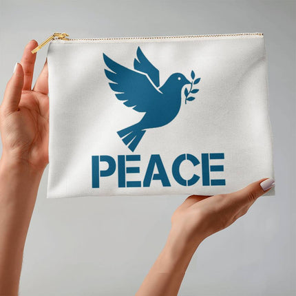 Large fabric zippered pouch with teal dove holding olive branch and “Peace” text – Christian faith accessory bag