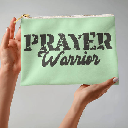 Prayer warrior large fabric zippered pouch in mint green with distressed black lettering – Christian Bible study accessory bag