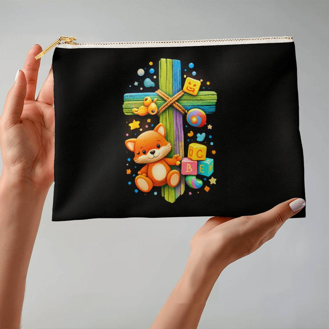 Kitten & ABC Blocks Rainbow Cross Large Zippered Pouch – Christian Gift for Kids