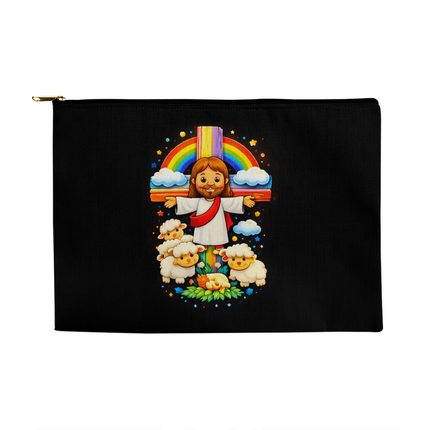 Jesus With the Sheep - Large Fabric Zippered Pouch – Christian Gift for Kids