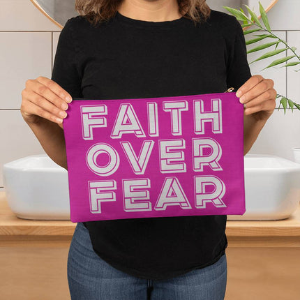 Faith Over Fear Large Fabric Zippered Pouch | White Text on Magenta | 12.5x8.5