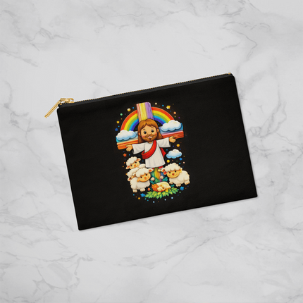 Jesus With the Sheep - Large Fabric Zippered Pouch – Christian Gift for Kids