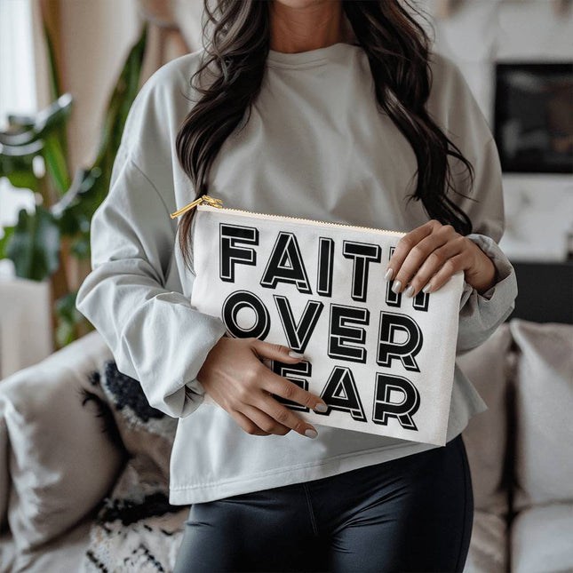 Faith Over Fear Large Fabric Zippered Pouch | Black Text on White | 12.5x8.5