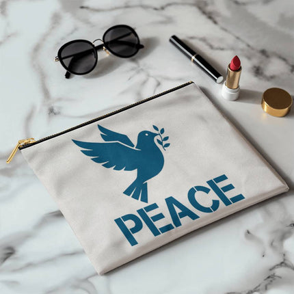Peace Large Fabric Zippered Pouch | Teal Dove & Olive Branch | 12.5x8.5