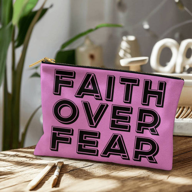 Faith Over Fear Large Fabric Zippered Pouch | Pink | 12.5x8.5
