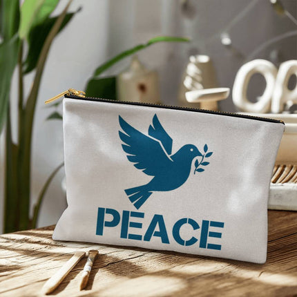 Peace Large Fabric Zippered Pouch | Teal Dove & Olive Branch | 12.5x8.5