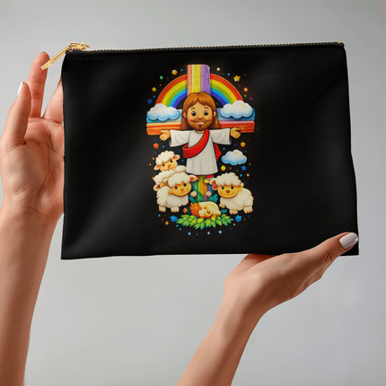 Jesus With the Sheep - Large Fabric Zippered Pouch – Christian Gift for Kids