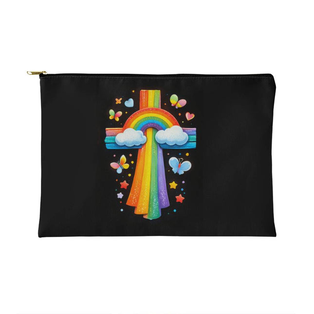 Rainbow & Clouds Cross Small Zippered Pouch – Christian Gift for Kids