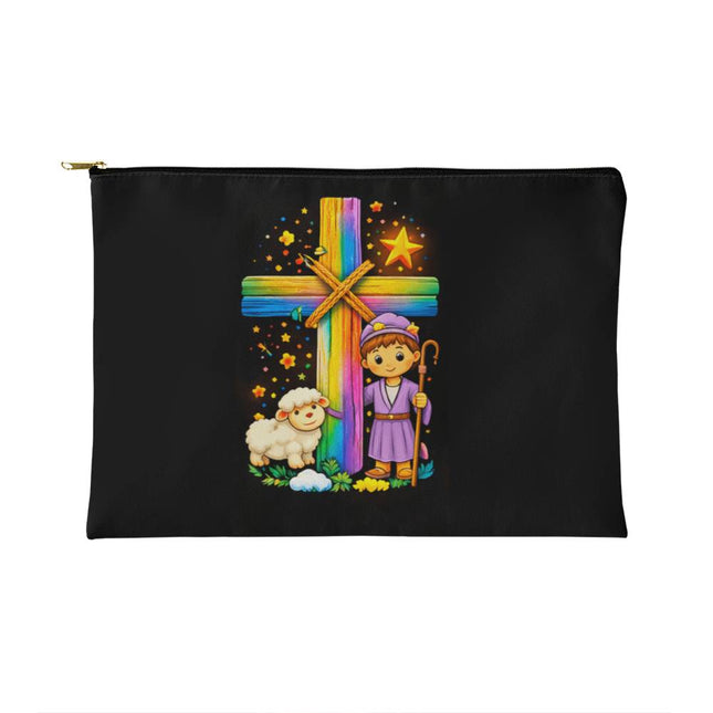 Shepherd Boy & Lamb Rainbow Cross Small Zippered Pouch – Christian Gift for Kids