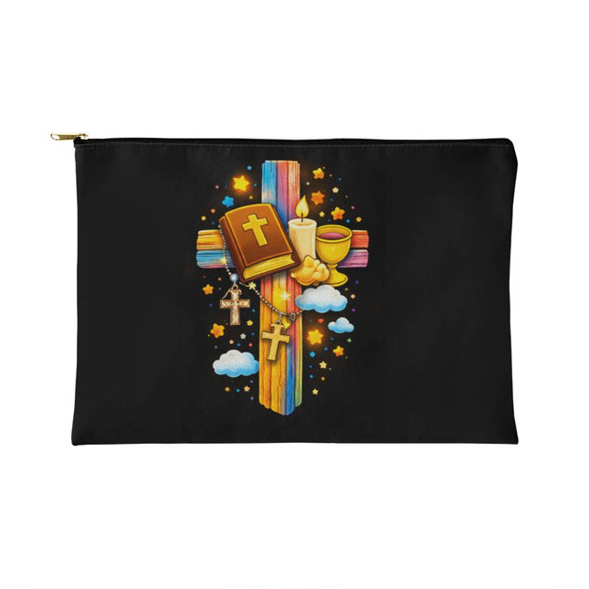 First Communion Bible & Chalice Rainbow Cross Small Zippered Pouch – Christian Gift for Kids