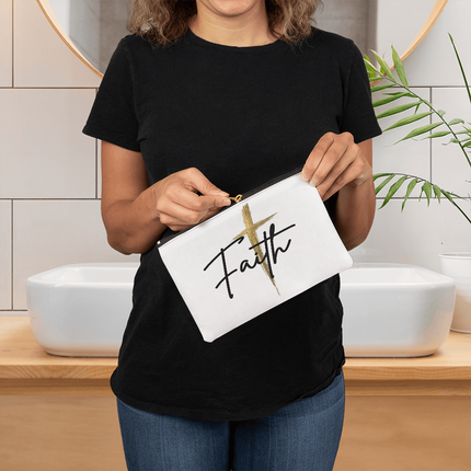 Faith Cross Gold Zipper Pouch | Small Christian Makeup Bag