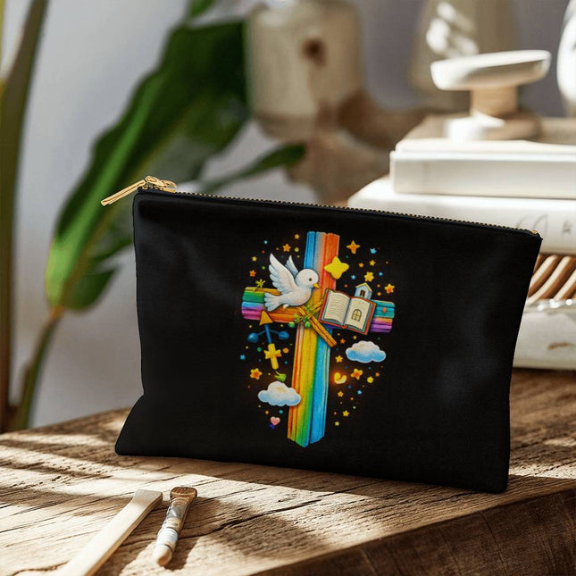 Dove & Open Bible Rainbow Cross Small Zippered Pouch – Christian Gift for Kids