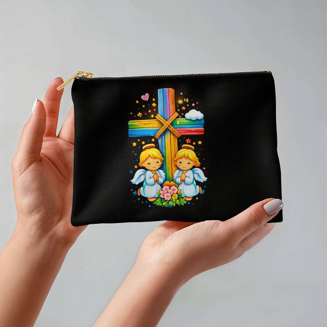 Praying Angels Rainbow Cross Small Zippered Pouch – Christian Gift for Kids
