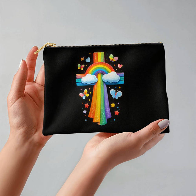 Rainbow & Clouds Cross Small Zippered Pouch – Christian Gift for Kids
