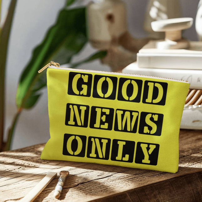 Good news only small fabric zippered pouch with black stencil block text on bright yellow green background – Christian accessory bag