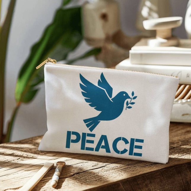 Peace small fabric zippered pouch with teal dove holding olive branch and peace text – Christian accessory bag for Bible study essentials