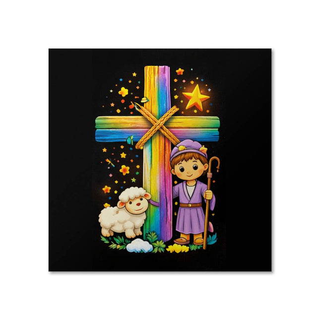Rainbow Cross Little Shepherd | Christian Matte Posters | Gift for Kids