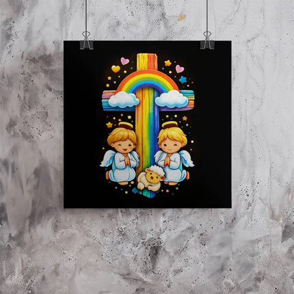 Rainbow Cross Cherub Angels | Christian Matte Posters | Gift for Kids