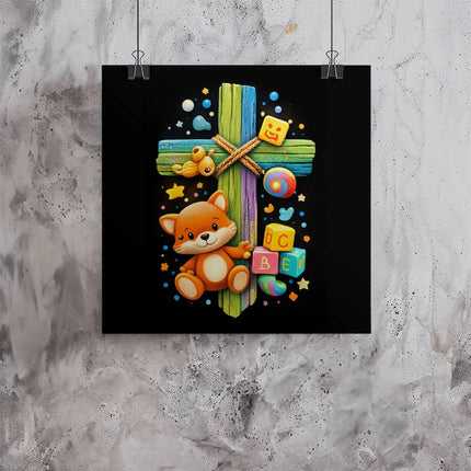 Rainbow Cross Little Fox | Christian Matte Posters | Gift for Kids