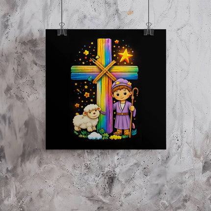 Rainbow Cross Little Shepherd | Christian Matte Posters | Gift for Kids