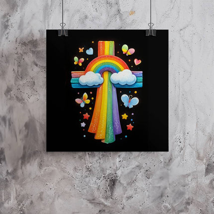 Rainbow Cross Butterfly | Christian Matte Posters | Gift for Kids