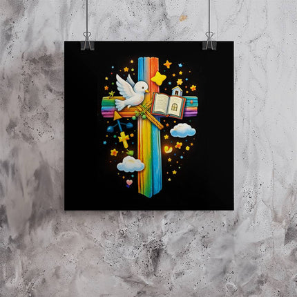 Rainbow Cross Open Bible | Christian Matte Posters | Gift for Kids