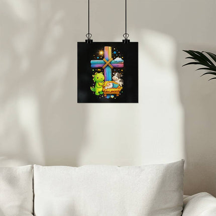Rainbow Cross Frog And Cow | Christian Matte Posters | Gift for Kids