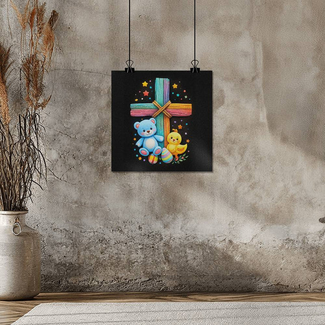 Rainbow Cross Teddy Bear | Christian Matte Posters | Gift for Kids