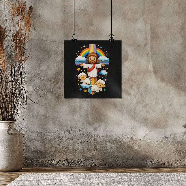 Rainbow Cross Jesus And Lamb | Christian Matte Posters | Gift for Kids