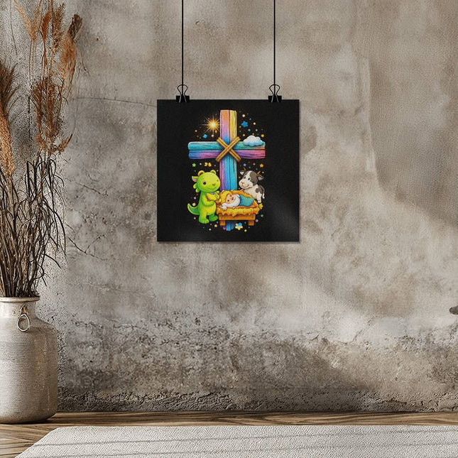 Rainbow Cross Frog And Cow | Christian Matte Posters | Gift for Kids