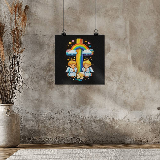 Rainbow Cross Cherub Angels | Christian Matte Posters | Gift for Kids