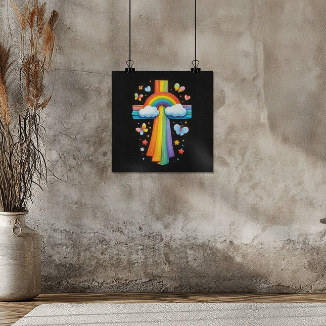 Rainbow Cross Butterfly | Christian Matte Posters | Gift for Kids