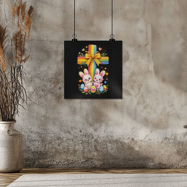 Rainbow Cross Bunnies | Christian Matte Posters | Gift for Kids