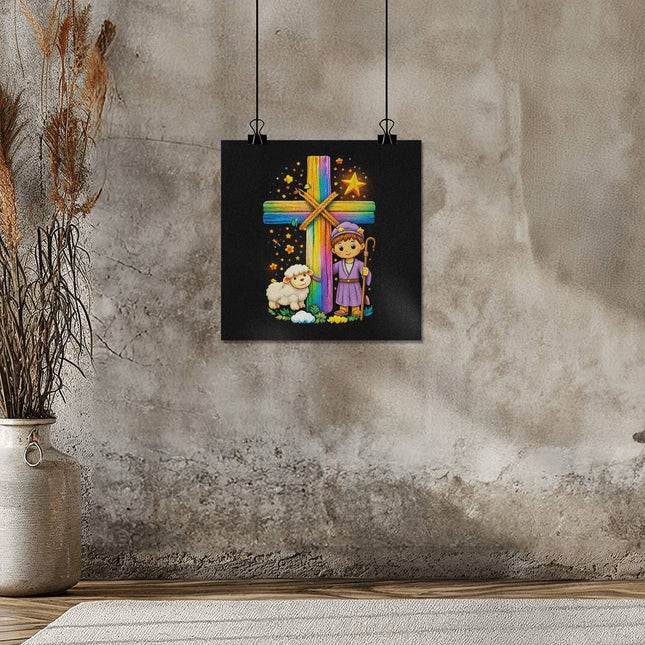 Rainbow Cross Little Shepherd | Christian Matte Posters | Gift for Kids