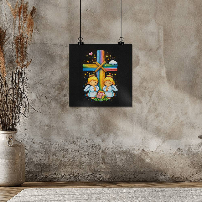 Rainbow Cross Angel Twins | Christian Matte Posters | Gift for Kids