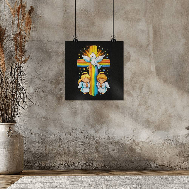 Rainbow Cross Angels And Dove | Christian Matte Posters | Gift for Kids