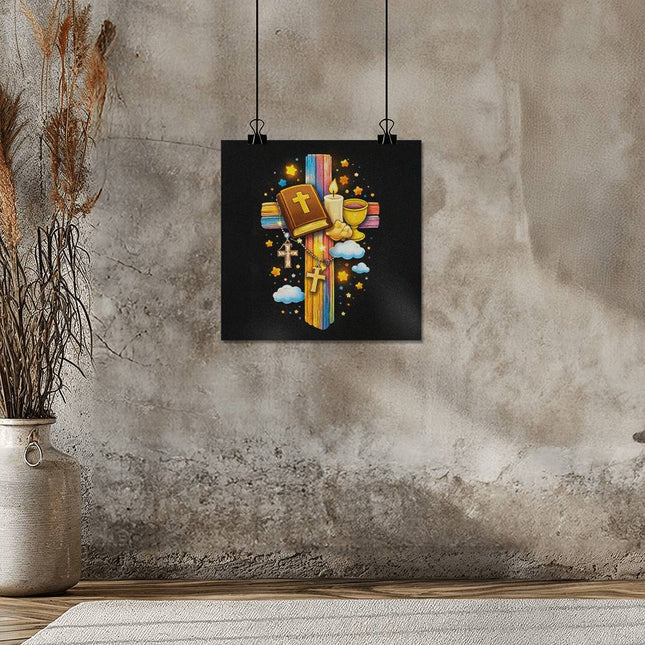 Rainbow Cross Bible And Cross | Christian Matte Posters | Gift for Kids
