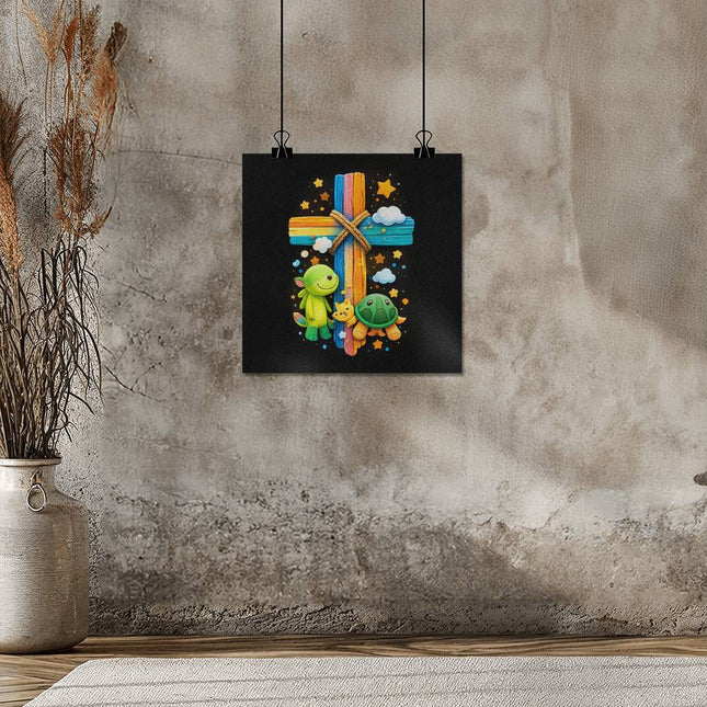 Rainbow Cross Turtle | Christian Matte Posters | Gift for Kids